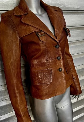 ROBERTO CAVALLI Brown Exposed Stitch Distressed Lambskin Leather Blazer Jacket
