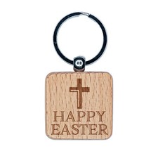 Happy Easter with Cross Engraved Wood Square Keychain Tag Charm