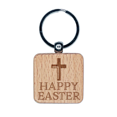 Happy Easter with Cross Engraved Wood Square Keychain Tag Charm