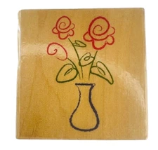 Vintage Rose Vase Rubber Stamp Flower Arrangement Leaves