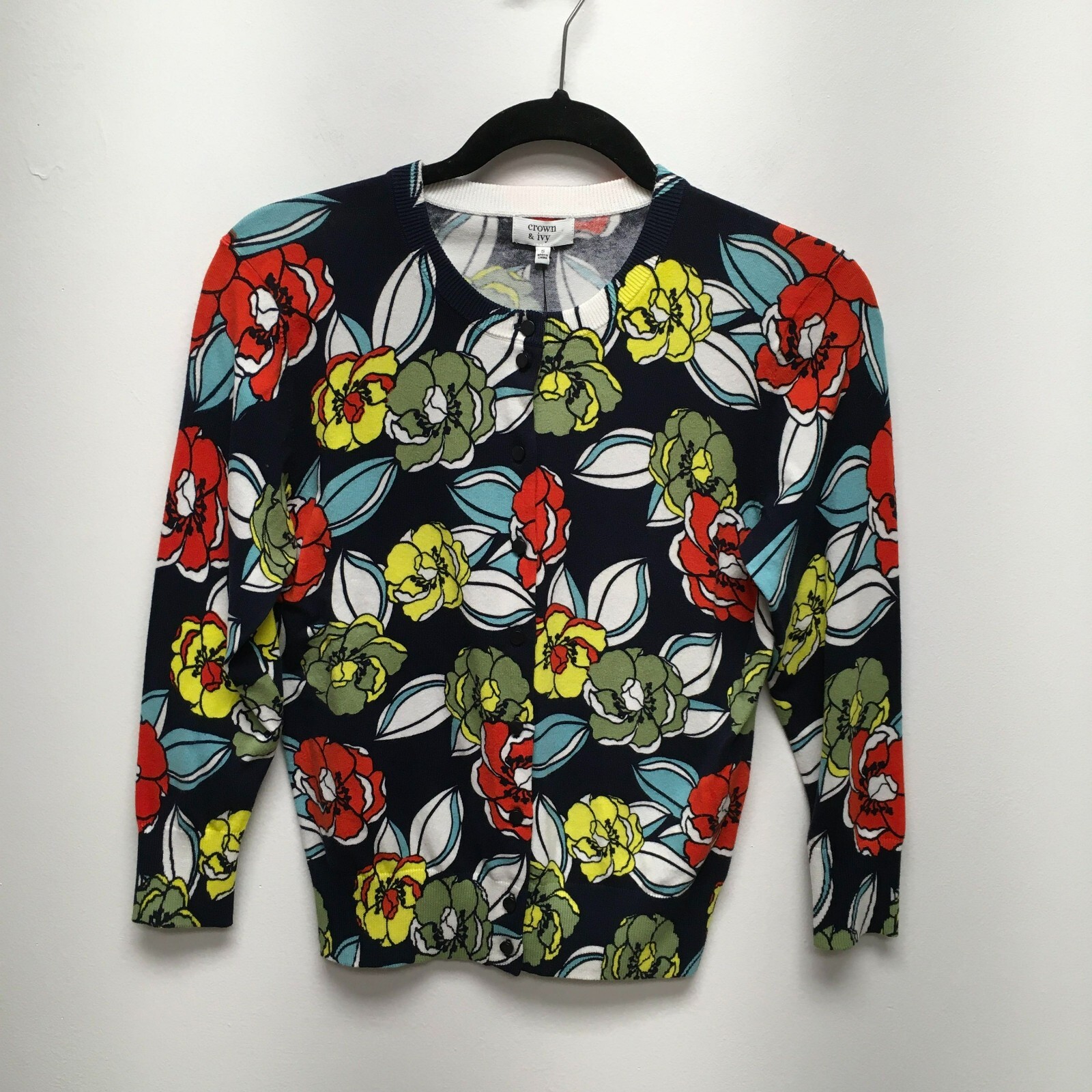 Crown & Ivy Women Blue Navy White Floral Button Up Essentials Cardigan Sweater S