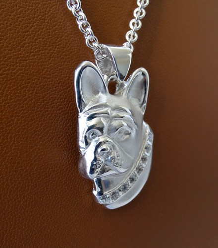 Large Sterling Silver French Bulldog With A CZ Collar Pendant - Picture 2 of 5