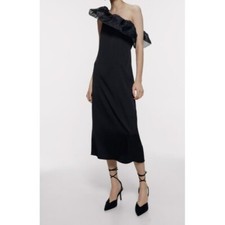 ZARA ORGANZA SATIN EFFECT DRESS One Shoulder black sz S