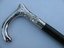 Brass Nautical Curved Design Silver Head Handle W/Wooden Walking Stick Cane Item