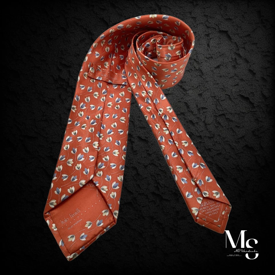 Corbata de seda floral naranja ITALO FERRETTI hecha a mano en Italia con: 3,25" EXCELENTE ESTADO Foto 3 de 4