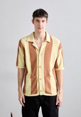 Nanushka Jeff Striped Terry Knit Camp Shirt Yellow Brown Striped Men s Large NWT
