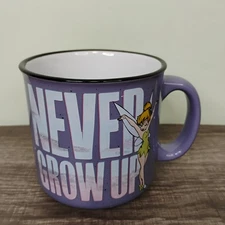 Disney Tinkerbell Never Grow Up Large 20oz Ceramic Coffee Mug Purple No Chips
