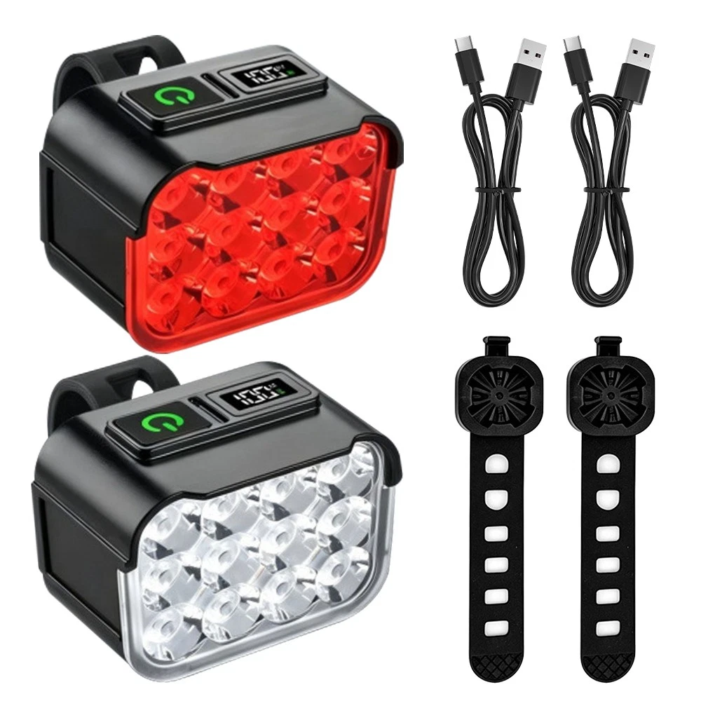 2x Mountain Bike Lights USB Rechargeable Bicycle LED Torch Front Rear + Lamp Set