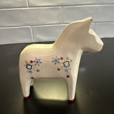 VINTAGE Wooden  Swedish DALA Horse  6.5  Tall White with Flowers Cottagecore