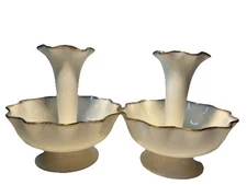 Set Of  Vintage Candle Sticks Cream Gold Trim Scalloped Edge/Rim Fluted Crinkled