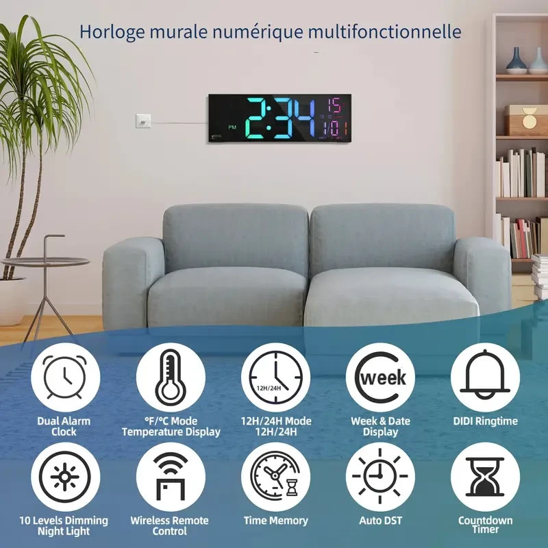 Horloge murale LED lisible à distance avec affichage température