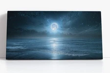 Moon Ocean Canvas Print Wall Art | Night Sea Home Decor | Starry Sky Artwork