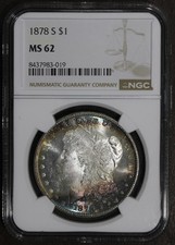 1879-S (MS62) Morgan Silver Dollar $1 PCGS - Rainbow Toned, Holder Error