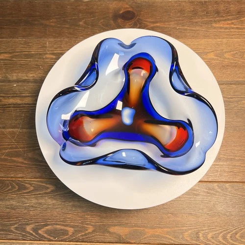 Bowl Murano-Style Cobalt Blue, Light Blue, Red Art Glass Wave Ruffle 9”