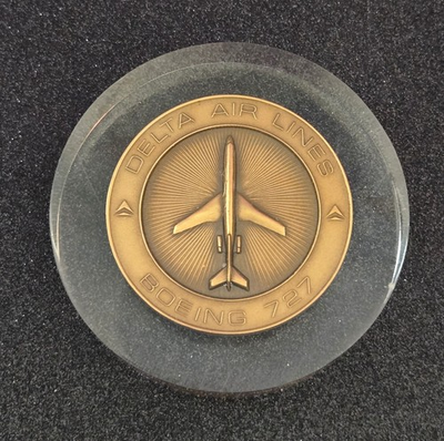 #ad Delta Air Lines Bronze Medal Coin Boeing 727 Paperweight Lucite Medallic Art VTG $129.99