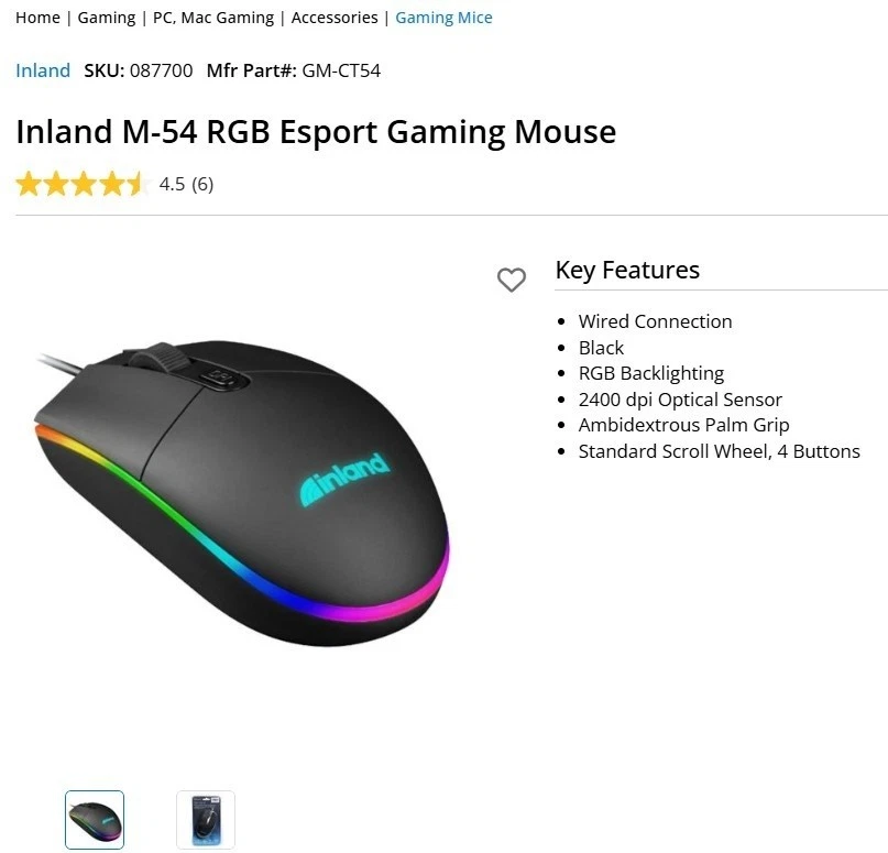 INLAND M-54 RGB ESPORT GAMING MOUSE WIRED PC MAC ANDROID CHROME LINUX #087700 - Image 3 of 4