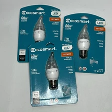 (3) Ecosmart 60W LED Soft White Bulbs Flame Tip Medium Base Lot Of 3