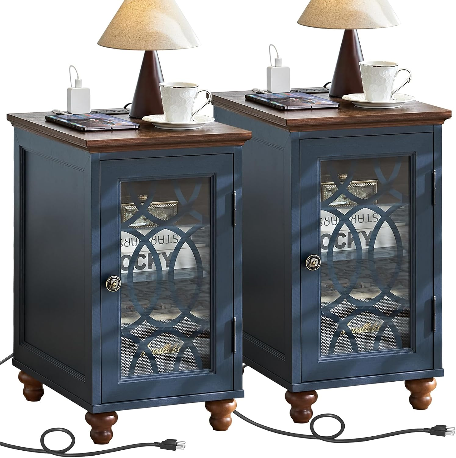 Narrow Side Table with Charging Station Set of 2, Night Stand with Glass Door,Be