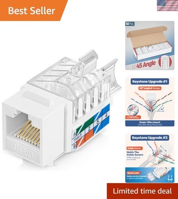 Everest 45° Angled RJ45 Cat6 Keystone Jacks 50-Pack in White - Slim Profile F...