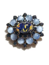 UNSIGNED VINTAGE SCHREINER BLUE & MOON ART GLASS MINI HOOK & EYE BROOCH PIN