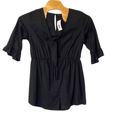 Asos Design Romper Black Cotton Linen 1/2 Sleeve Keyhole & Tie Front Size 12 NEW