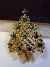 Vintage Eisenberg Christmas Tree Brooch Gold Tone Green Rhinestones Signed BLING
