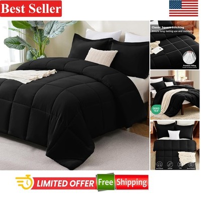 Elegant Black Queen Comforter Set - 3 Piece Box-Stitched All-Season Soft Bedding