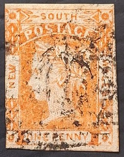 1854 NSW Australia 1d Orange Vermilion Imp Laureate Stamp WMK 1 used Cat £40.00.