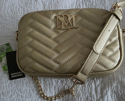 Badgley Mischka gold quilted shoulder bag with chain accent logo zip closure