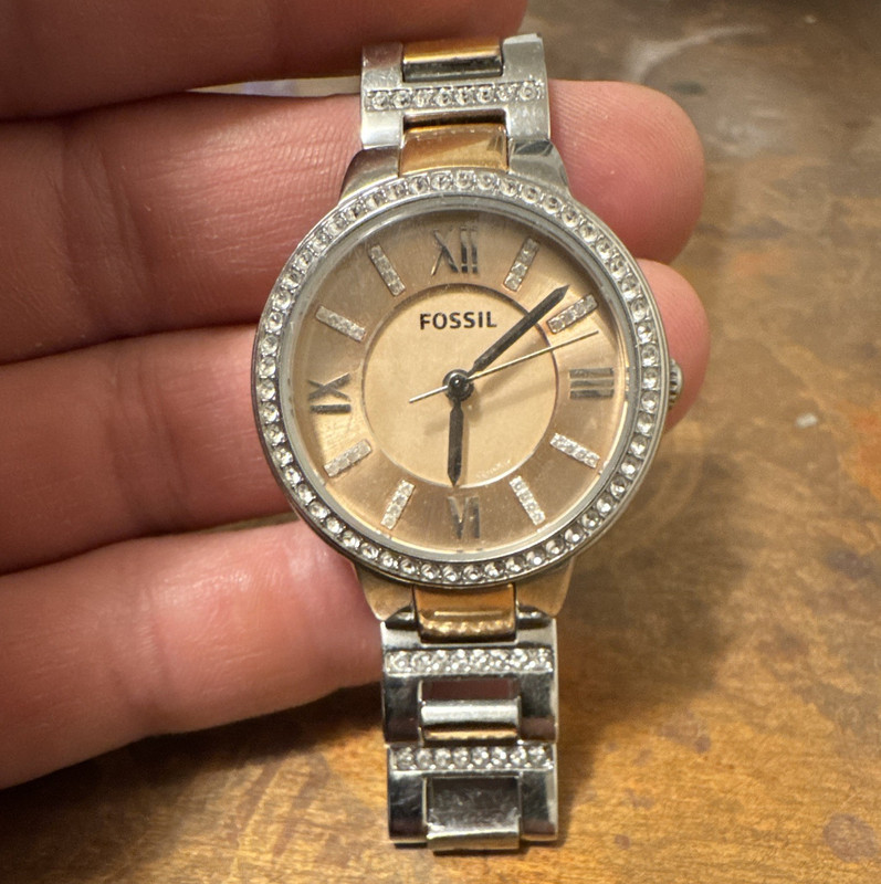 Fossil Virginia Women's Two-Tone Bracelet Quartz Watch Gold Dial Crystal Bezel