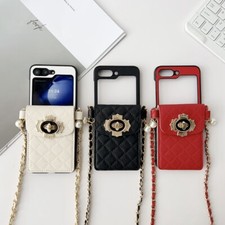 For Samsung galaxy Z Flip 6 5 4 3 Luxury Leather Crossbody Chain Flip Case Cover