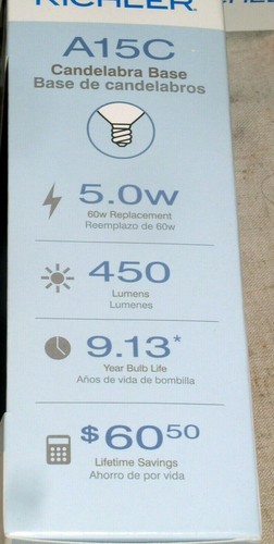 NEW KICHLER DIMMABLE LED 60W 5W BULB A15C CANDELABRA BASE SOFT WHITE USA - Picture 2 of 2