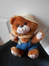 MTY Plush Bear in Overalls Straw Hat 11" Tall Vintage Stuffed Animal Toy