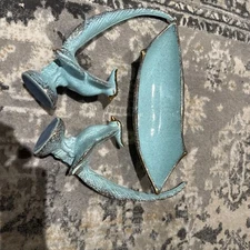 Lot 3 Retro California Pottery Turquoise W Gold Console Bowl & 2 Matching Birds