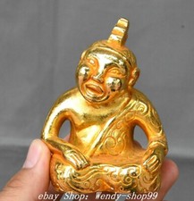 3" Old Chinese Dynasty Bronze Gilt Dragon Beast Pattern People Person Statue