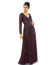 Mac Duggal 4977D Long Sleeve Sequin & Bead Stripe Gown SZ 6 Mulberry Mrsp $598