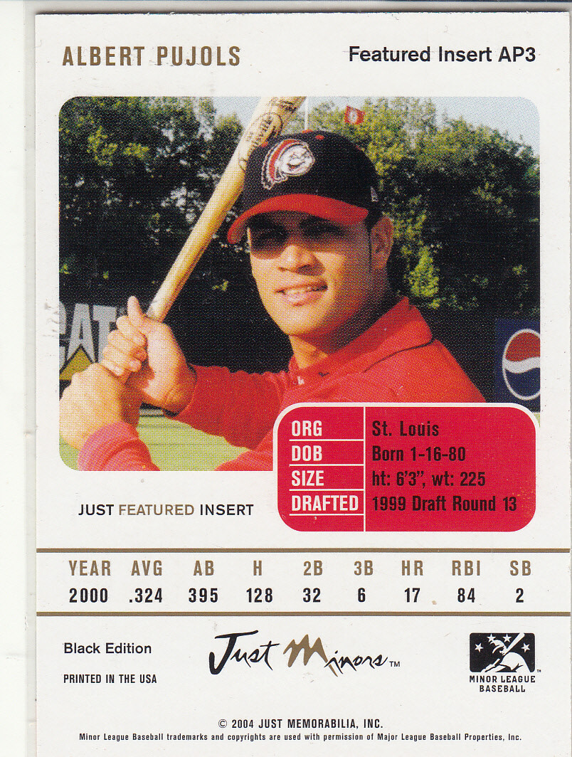 2004 Just Minors Albert Pujols Black Edition Rookie Card Peoria Chiefs