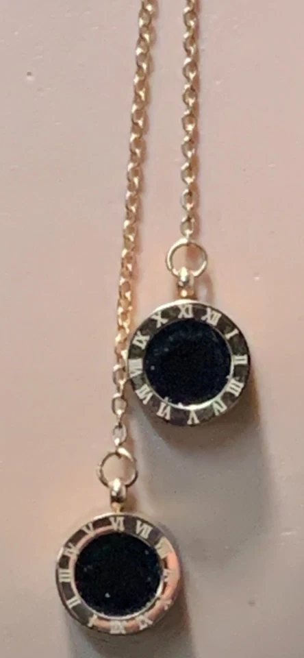 Halskette Gold-Color Anhänger Perlmutt Schwarz Turmalin Steine Römische Ziffern - Bild 3 von 4