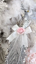Shabby Victorian Chic Silver Peacock Pink Roses Feather Bird Christmas Ornament