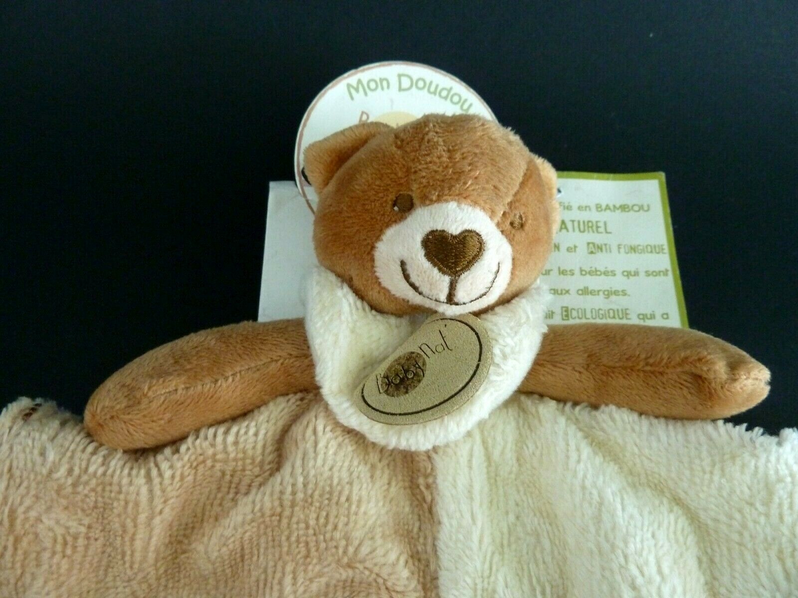 Doudou plat ours Baby Nat' en velours marron et blanc écru - 2