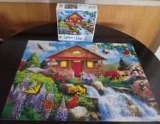 Memory Lane  Floral Falls  300 pc jigsaw puzzle 100 Complete. Cabin. Deer