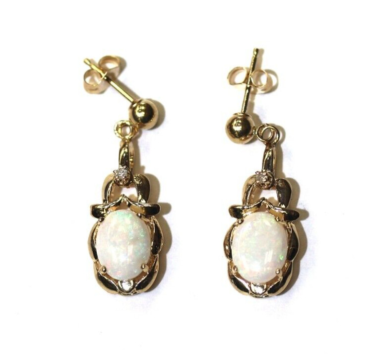 14k yellow gold .02ct diamond natural opal gemstone dangle earrings estate