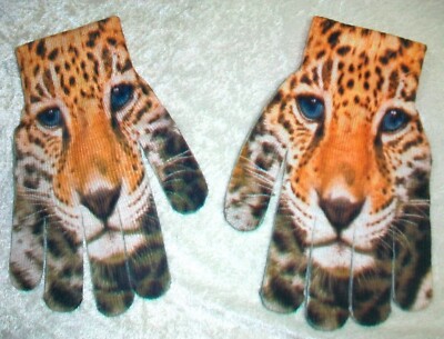 New Capelli NY Wild Cat Panthera Leopard Face Animal Print Knit Touch Gloves