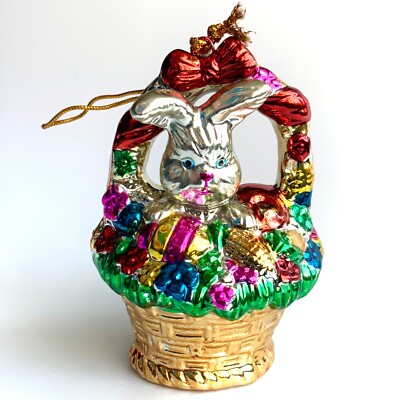 Easter Bunny in Basket Ceramic Metalic Painted Ornament Figurine