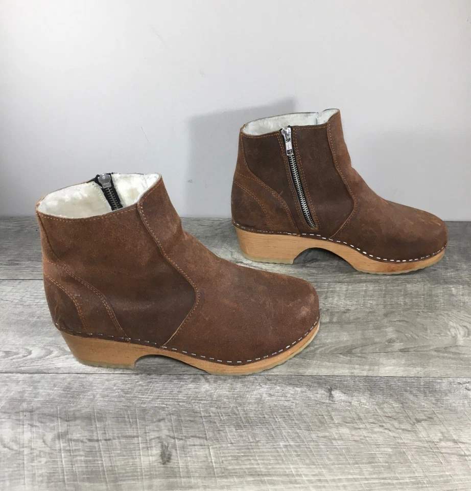 Zuecos impermeables de cuero forrados de lana al tobillo botas para mujer 10 EE. UU. 40 UE vintage marrón Foto 2 de 4