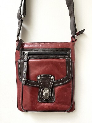 Danier Vintage Crossbody Saddle Bag Purse Turn Lock Distressed Leather Red Brown