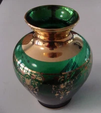 Bohemian Emerald Green Glass Vase Gold Design Trim Around the Middle