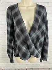 NWT En Crème Black Blue Deep V Twist Front Plaid Bell Sleeve Blouse S