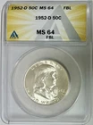 1952-D Silver Ben Franklin Half Dollar, ANACS MS-64 FBL (Full Bell Lines)