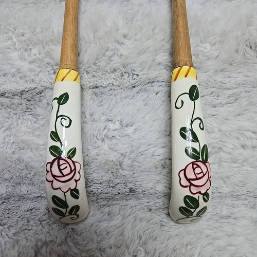 MCM Japan Wood Ceramic Salad Fork Spoon Serving Utensils Kitchen Hand Painted - Picture 3 of 8